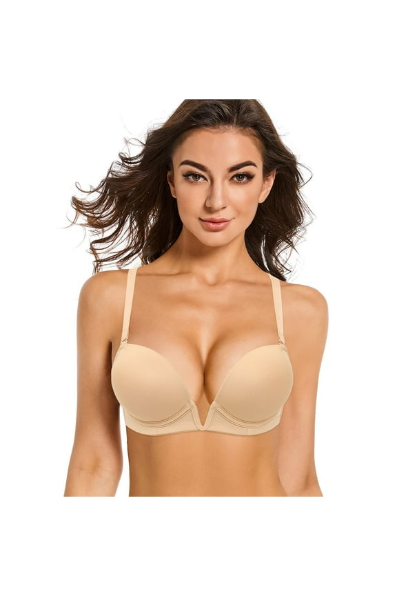 Women'S Deep V Plunge Padded Push Up Convertible Bra With Clear Straps Low Cut Underwire Bra, Beige 38B