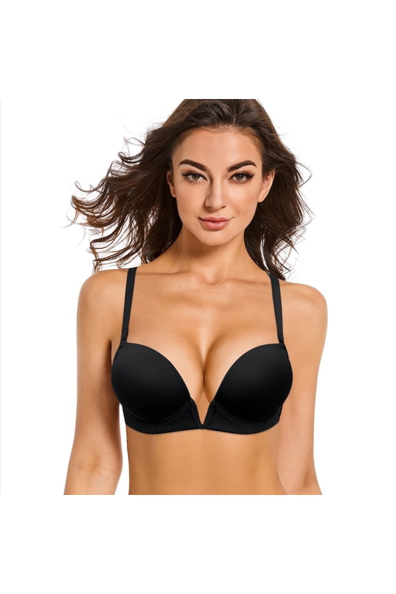 Women'S Deep V Plunge Padded Push Up Convertible Bra With Clear Straps Low Cut Underwire Bra, Black 38E