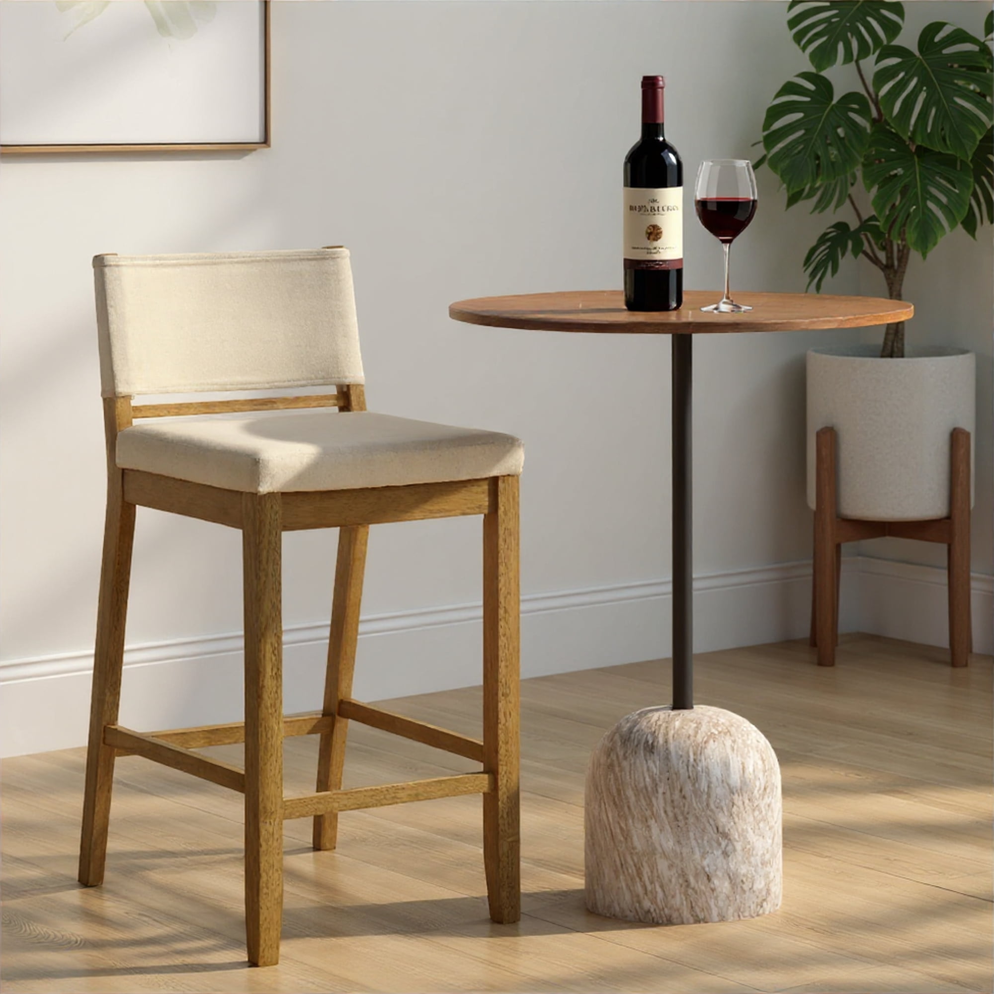 Yaneli Contemporary Natural Wood Bar Height Kitchen Bar Stool in Amber Glow Finish with White Fabric Upholstered Seat - Set of 2