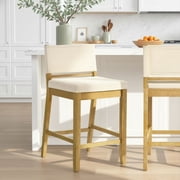 Yaneli Contemporary Natural Wood Counter Height Kitchen Bar Stool in Amber Glow Finish with White Fabric Upholstered Seat - Set of 2
