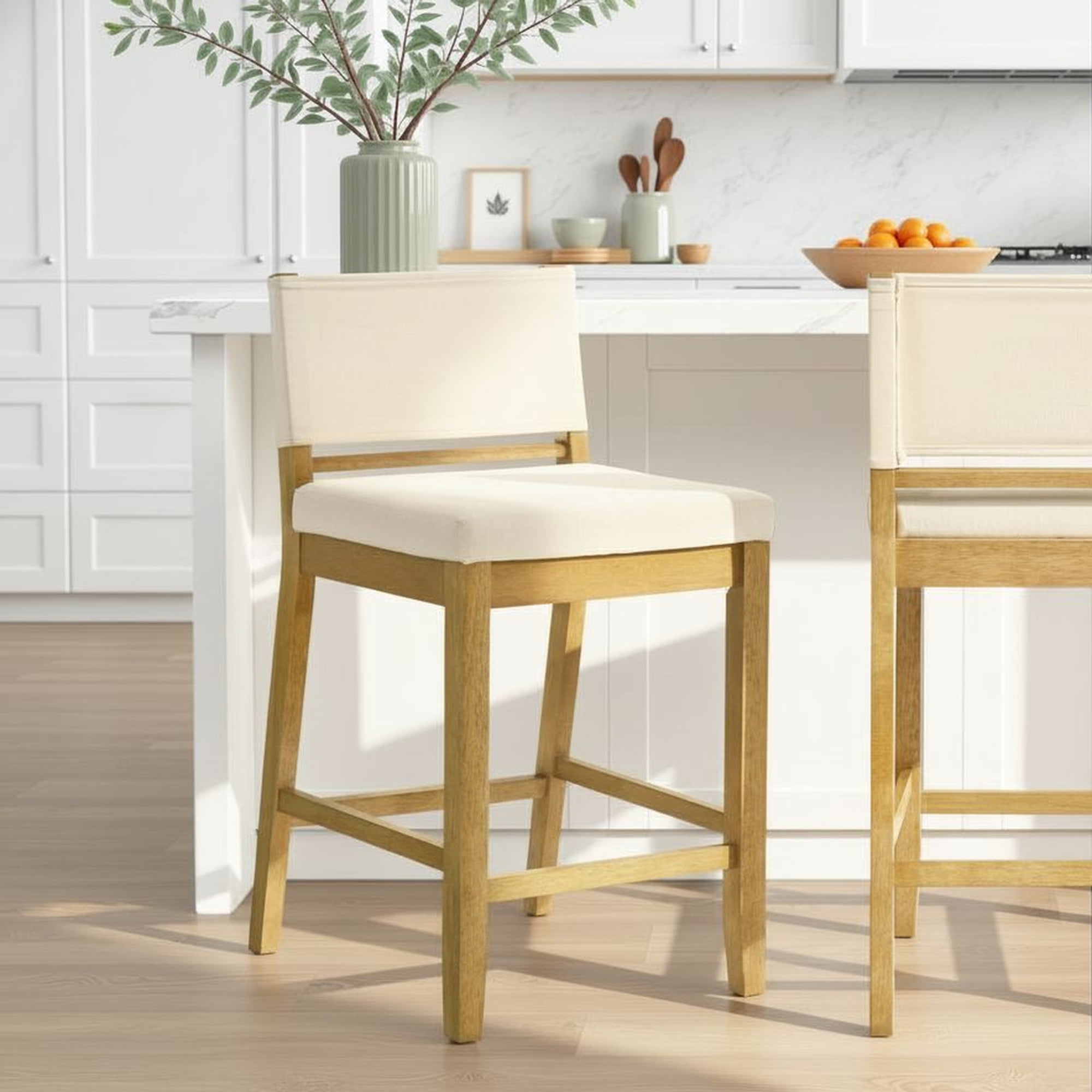 Yaneli Contemporary Natural Wood Counter Height Kitchen Bar Stool in Amber Glow Finish with White Fabric Upholstered Seat
