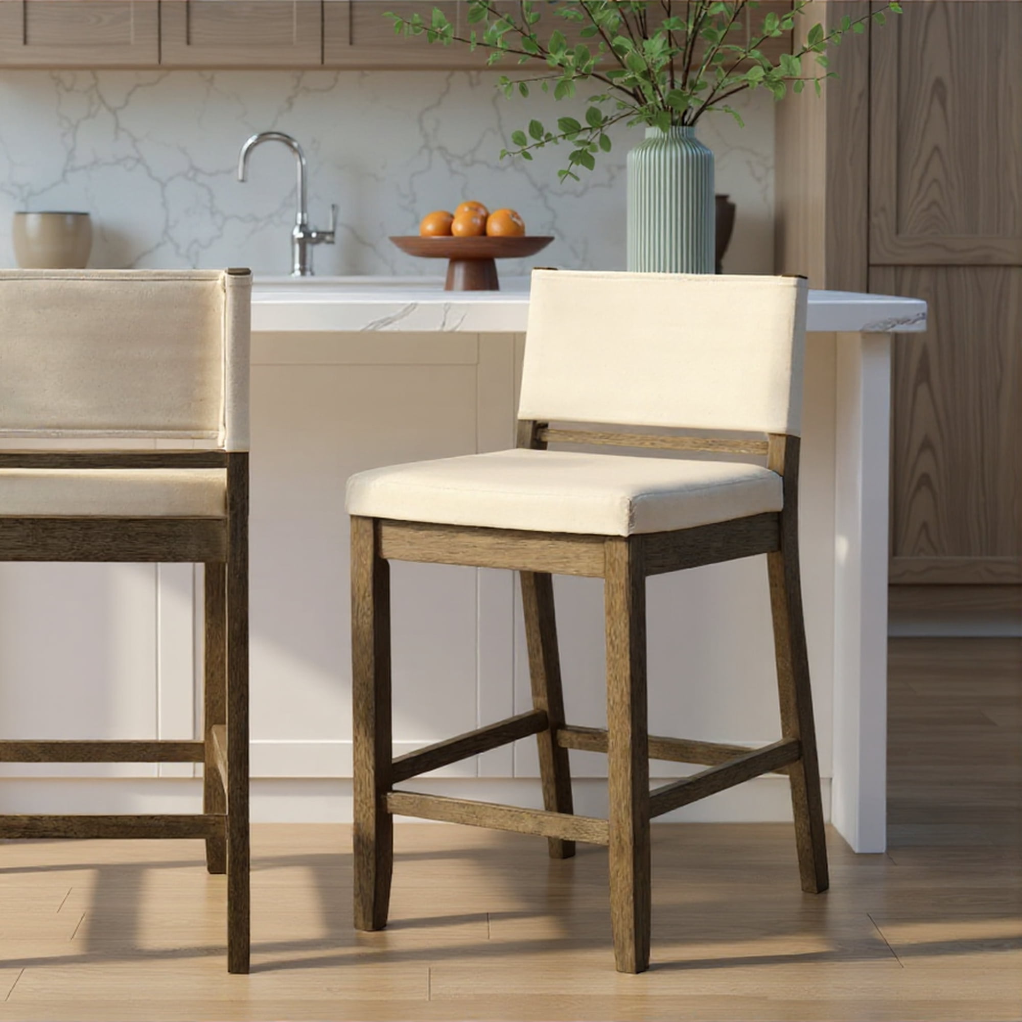 Yaneli Contemporary Natural Wood Counter Height Kitchen Bar Stool in Putty Brown Finish with White Fabric Upholstered Seat