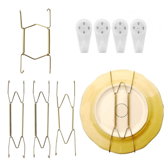 Yanerim 1 Set Metal Plate Spring Hanger with Wall Mount Hook Clear Protector Invisible W-shape Adjustable Round Rectangle Square Ceramic Decorative Plate Display Holder
