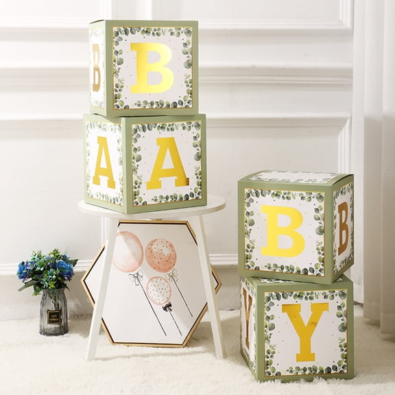 Yanerim 4Pcs BABY Party Decoration Box with Letter Green Leaves Print Reusable Paper Baby Shower Birthday Party Gender Reveal Decor Block