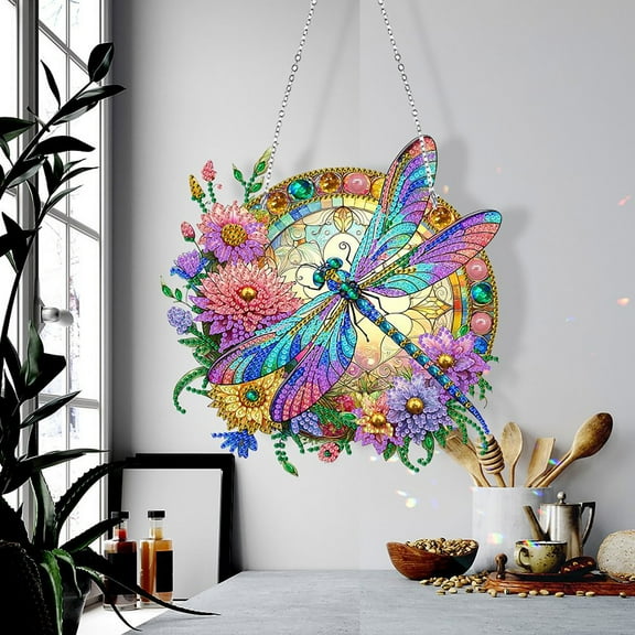 Yanerim Dragonfly Pendant Special Shapes Faux Diamond Painting Kit Flower Dragonfly Patterned Hanging Ornament DIY Rhinestone Art Set for Home Decor