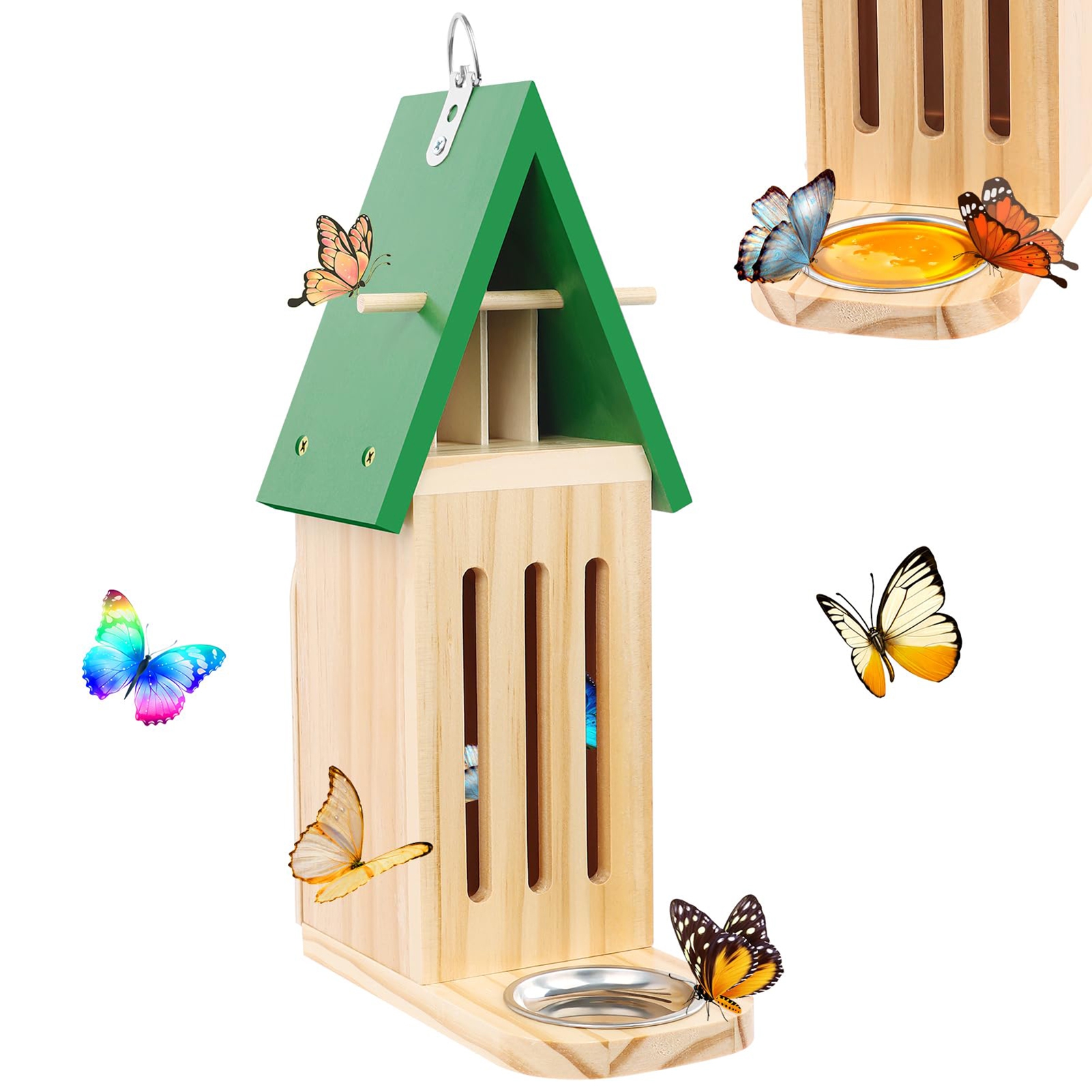 Yanerim Wooden Butterfly House with Feeder Weather-proof Outdoor Garden Wall Mount Floor Standing Tree Hanging Outside Butterfly Habitat Shelter