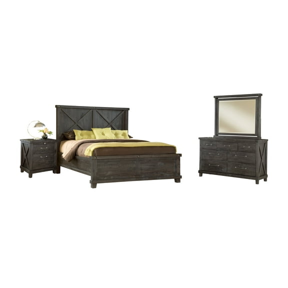 Yanez 4PC E King Bed, Nightstand, Dresser & Mirror Set in Charcoal - Solid Wood
