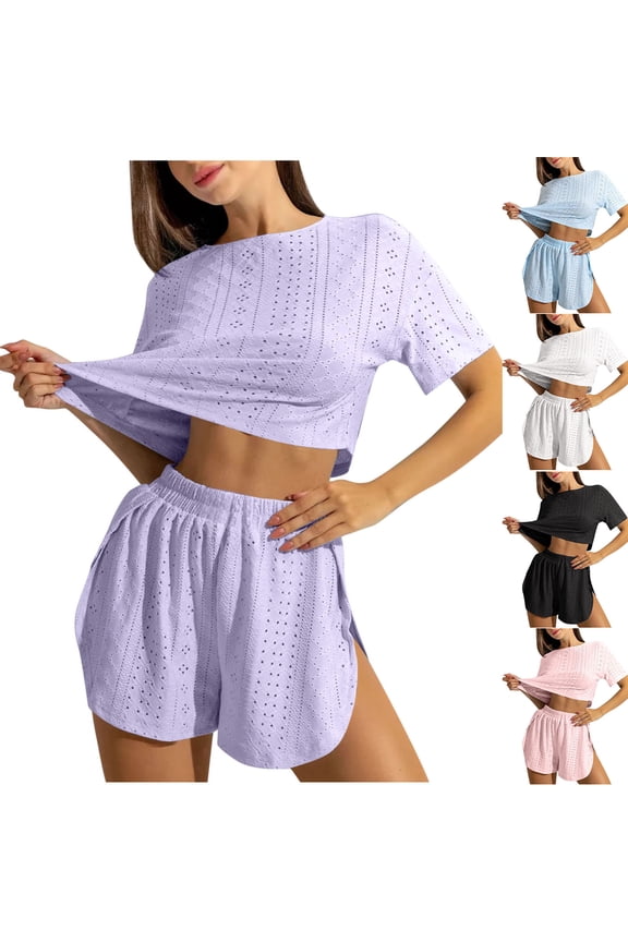 Eyelet Pajamas for Women Short Sleeve Top and Shorts Sets Pajama Set Pj Sleepwear White