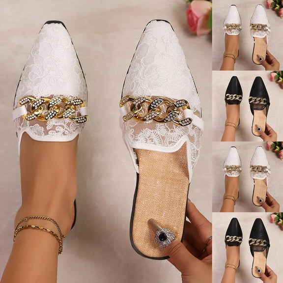 YangJinLian Metal Chain Decor Flat Mules for Women Closed Pointed Toe Slip on Loafers Slides Backless Mules Shoes White