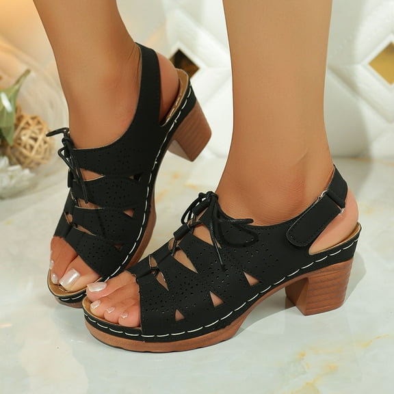 YangJinLian Summer Sandals for Women Trendy Dressy Fashion Open Toe Heel Sandal Chunky Heels Adjustable Straps Ankle Strap Back High Heel Sandals Black