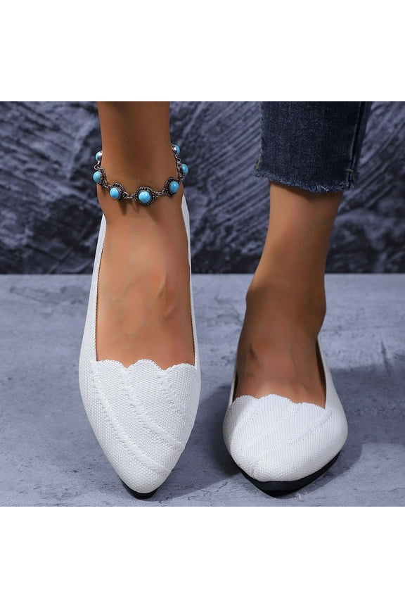Women's Classic Ballet Flats, Pointed Toe Comfortable Dress Shoes Flats, Soft Knit Slip On Flats Shoes for Women White