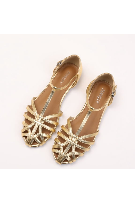 Women's Closed Toe Flat Sandals Comfortable Ankle Strap Strappy Boho Shoes Casual Dressy Summer Gladiator Sandals Gold