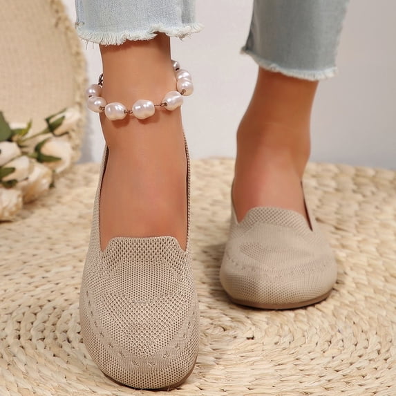 YangJinLian Women's Sparkly Flats Shoes Mesh Loafers Shoes Soft Memory Foam Flats Beige