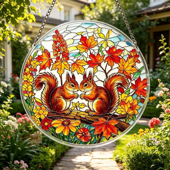 YangKa Autumn Squirrel Acrylic Puzzle Suncatcher, 7.4 Inch Round Window Hanging Ornament, All Season Light Catcher, Thoughtful Home Decor Gift