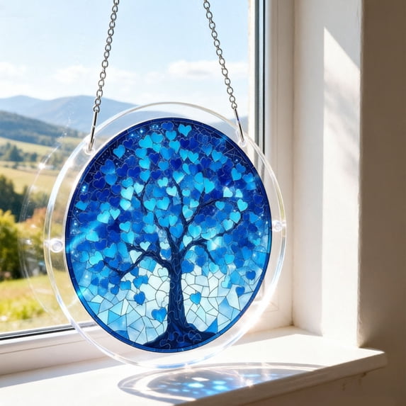 YangKa Blue Heart Tree Acrylic Puzzle Suncatcher, Vibrant Window Hanging, Great for Nature Lovers, Thoughtful Home Decor