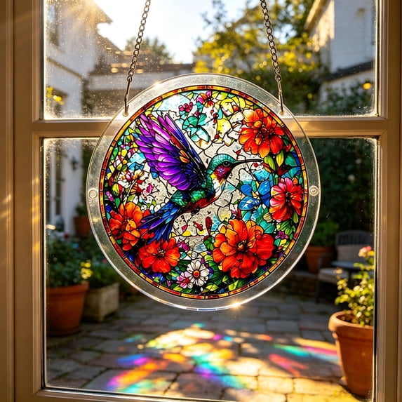 YangKa Floral Acrylic Puzzle Suncatcher,Purple Wing Hummingbird Round Window Hanging Ornament, All Season Light Catcher, Thoughtful Home Decor Gift