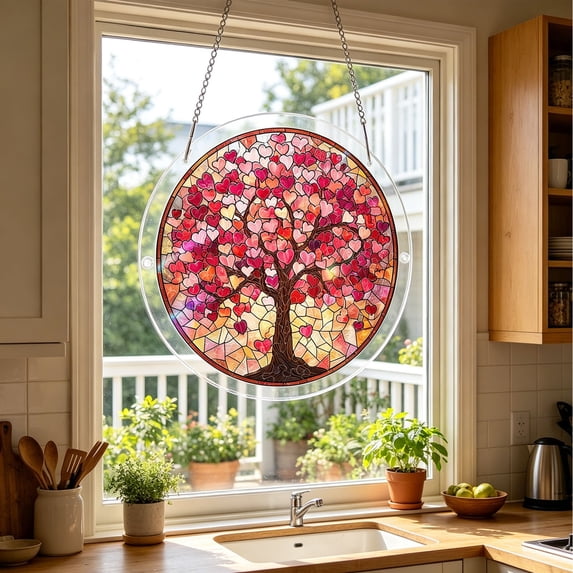 YangKa Pink Blossom Tree Acrylic Puzzle Suncatcher, Floral Window Ornament, All Season Light Catcher, Meaningful Home Decor Gift