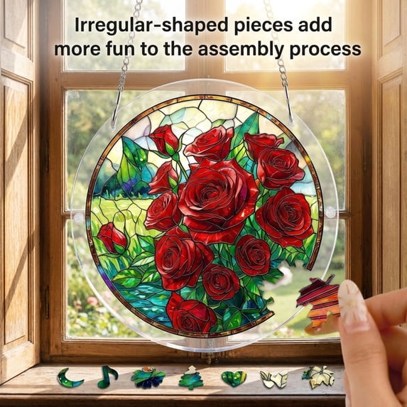 YangKa Red Rose Acrylic Puzzle Suncatcher, Round Window Hanging Ornament, All Season Light Catcher, Thoughtful Home Decor Gift
