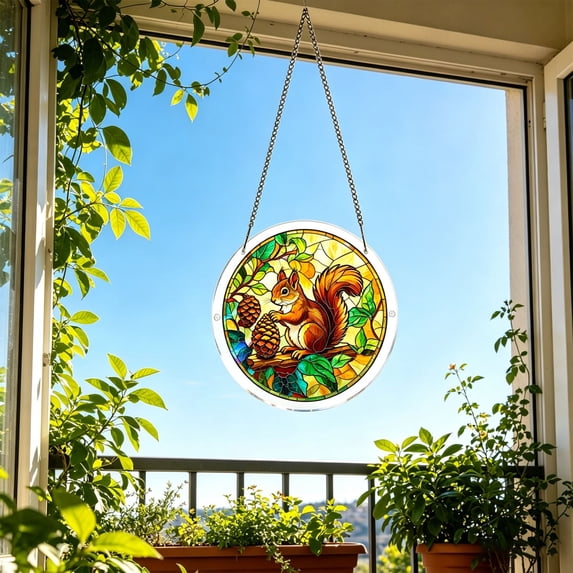 YangKa Squirrel & Pinecone Acrylic Puzzle Suncatcher, Nature Window Decor, Great Holiday Decoration, Sweet Housewarming Gift