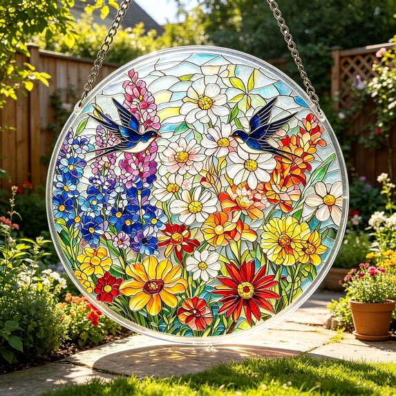 YangKa Wildflower Acrylic Puzzle Suncatcher, Birds Stained Glass Style Window Decor, Great Holiday Decoration, Sweet Housewarming Gift