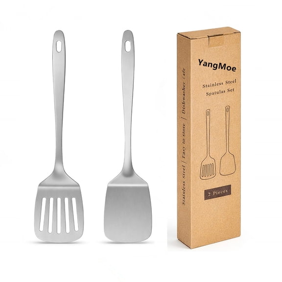 YangMoe 2PC Stainless Steel Spatula Set Solid & Slotted Turner Non-Stick Flipper for Kitchen Use, Heat Resistant Kitchen Cooking Utensils for Eggs, Flipping Fish, Pancakes, Dishwasher Safe