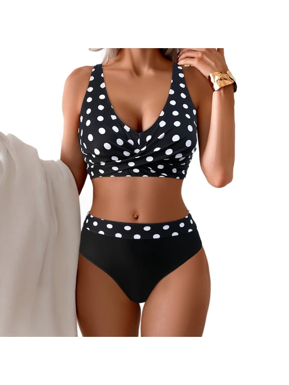 Retro Polka Dot Bikini Set High Waist Two Piece Swimsuit for Women with Padded Push Up Bra (S-XXL)