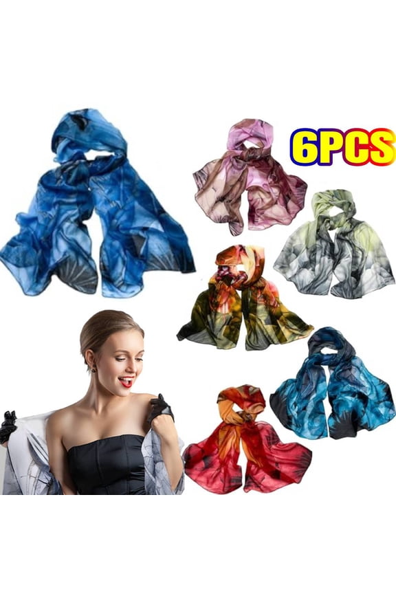 6 Pack Lightweight Scarfs for Women, Ultra Thin Scarves Floral Pattern Dressy Scarf Lotus Print Long Chiffon Georgette Thin Shawl Scarves