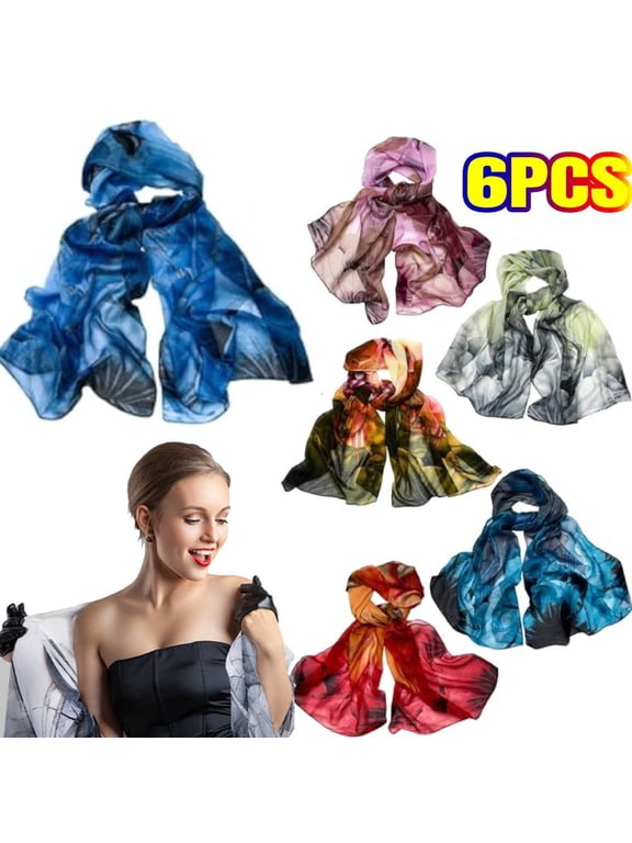 6 Pack Lightweight Scarfs for Women, Ultra Thin Scarves Floral Pattern Dressy Scarf Lotus Print Long Chiffon Georgette Thin Shawl Scarves
