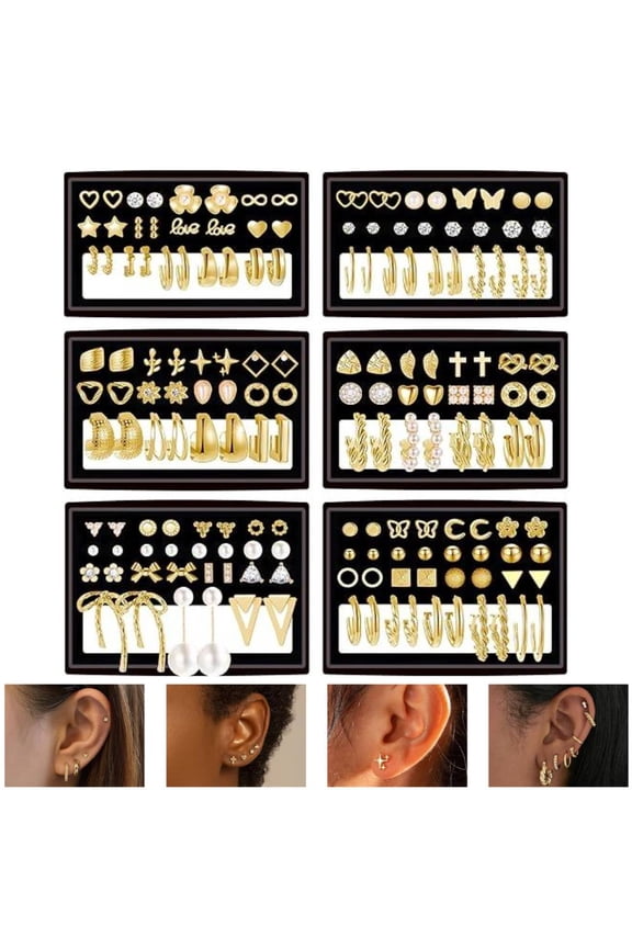 82 Pairs Gold Earrings for Women, Pearl Bow Small Hoop Stud Earrings Pack, Earring Set Multiple Piercing for Gift Jewelry