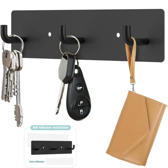 YangNengwen Key Holder Wall Mount, Small Metal Self Adhesive Key Rack with 3 Hooks, Easy Installation , Black