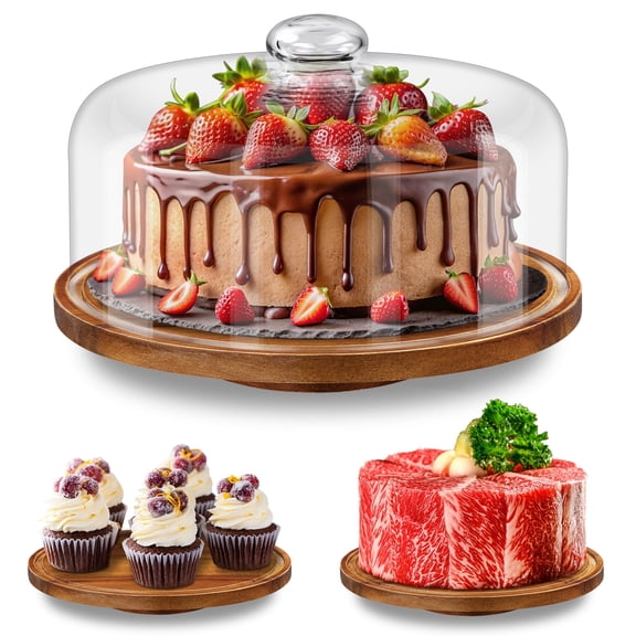 Yangbaga 11IN Wood Cake Stand with Dome Lid, Rotating Cake Stand with Glass Dome- Cake Plate with Cover for Baking Gifts/Birthday Kitchen/Party/Weddings