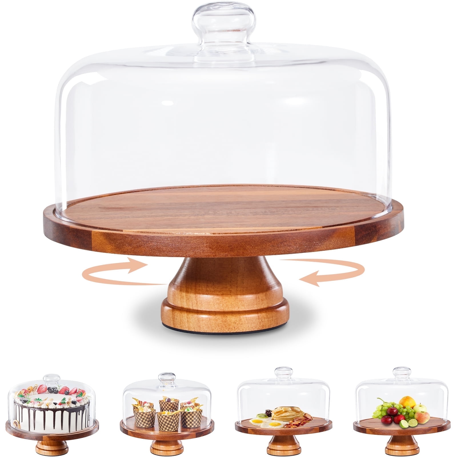 Yangbaga Glass Cake Stand with Lid,11in Wooden Rotating Cake Stand with Dome Cover, Cake Plate Display Server Tray for Birthday Kitchen Party Baking Gifts