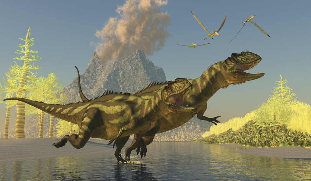 Yangchuanosaurus dinosaurs running across a stream as a volcano erupts Canvas Art - Corey FordStocktrek Images (37 x 22)