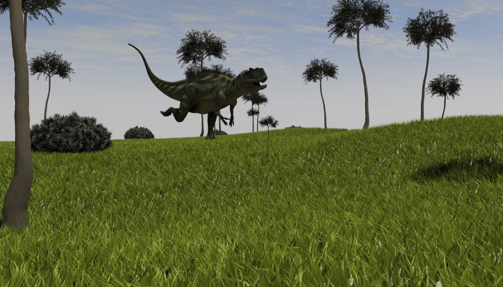 Yangchuanosaurus running across a grassy field Canvas Art - Kostyantyn IvanyshenStocktrek Images (38 x 22)