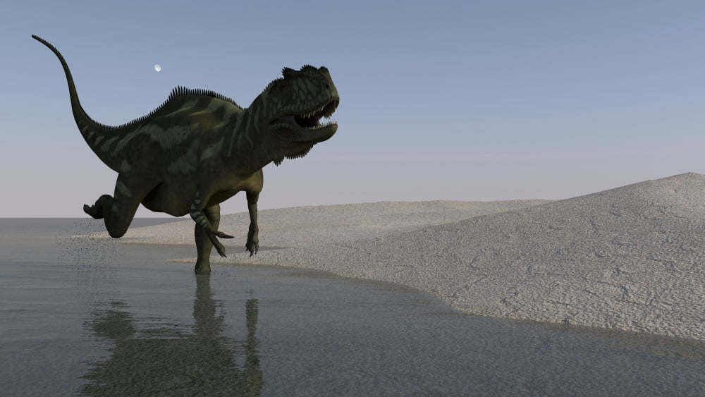Yangchuanosaurus running along the shore Canvas Art - Kostyantyn IvanyshenStocktrek Images (19 x 11)