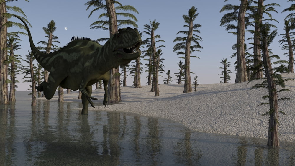 Yangchuanosaurus running through water Canvas Art - Kostyantyn IvanyshenStocktrek Images (19 x 11)