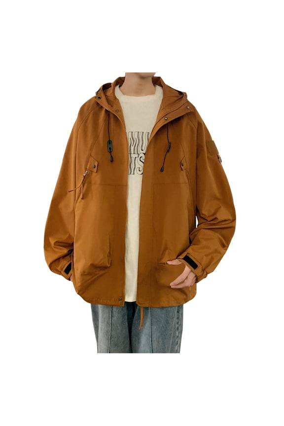 Hooded Man Solid Color Mountain Climbing Parsnip Zipper Pockets Coat Zip-up Jacket