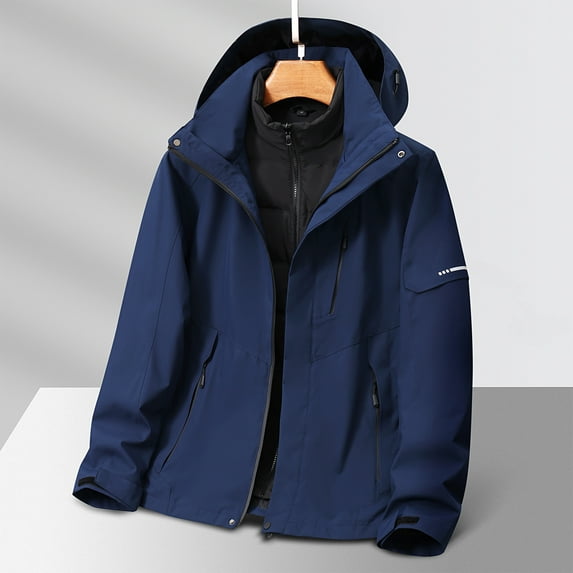 Yanghang Hooded Men Three-in-one Solid Color Outdoors Mountaineering Wearproof Warm Zipper Multi-pocket Down Feather Lnner Lap Coat Long Sleeve Jacket Zip-up Jacket