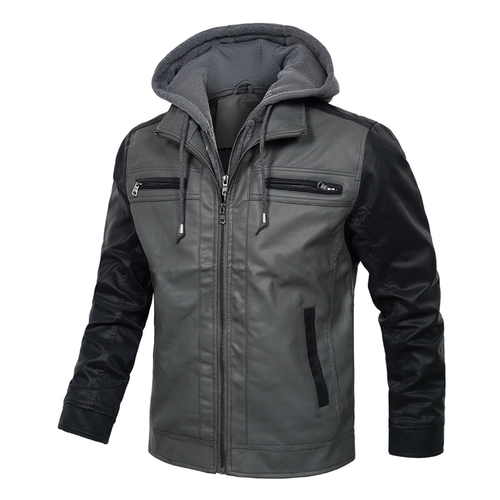Yanghang Hooded Men's Solid Color Leather Jacket Fashionable Leather Long Sleeved Hooded Leather Jacket
