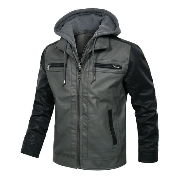 Yanghang Hooded Men's Solid Color Leather Jacket Fashionable Leather Long Sleeved Hooded Leather Jacket On Clearance