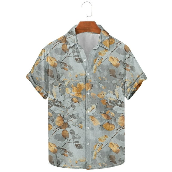 Yanghang Men Going Out Tops Men's T-Shirts Men's Fashion Casual Leaf Print Short Sleeve Lapel Shirt Top Summer 2025
