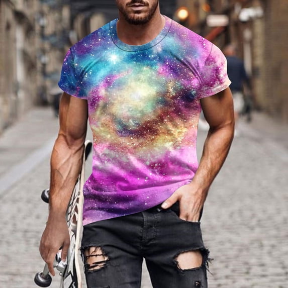 Yanghang Men Going Out Tops Mens T-Shirts Men's Casual Sky Printed Round Neck Short Sleeved T-Shirt Top Hawaiian Shirt For Men