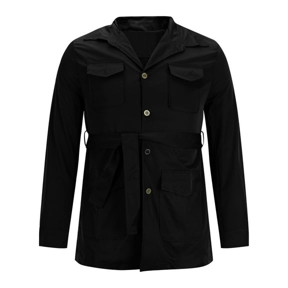 Yanghang Men Multiple Pockets Medium And Long Styles Windbreaker Solid Long Sleeves No Hat Casual Loose Coat Casual