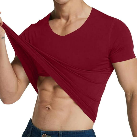 Yanghang Men Summer Tops Mens T-Shirts Men's Solid Color V-Neck Short-Sleeved Pullover T-Shirt Fitness And Outdoor Seamless Stretch Tight Top Shirts For Men