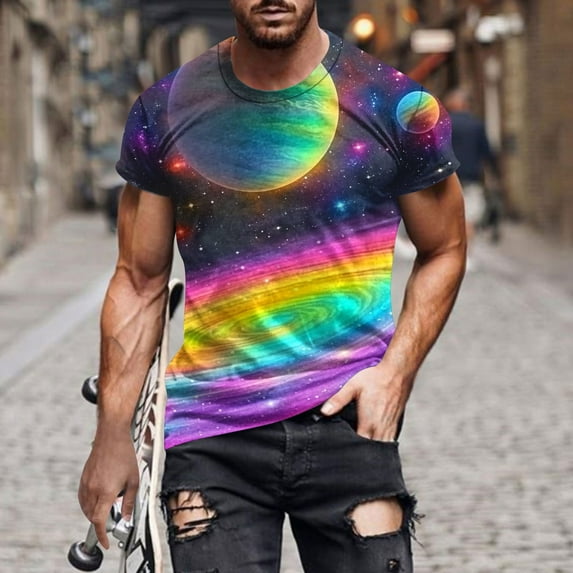 Yanghang Men Summer Tops T Shirts For Man Men's Casual Sky Printed Round Neck Short Sleeved T-Shirt Top Summer Tops For Men