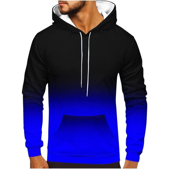 Yanghang Mens Hoodies Men Casual Fashion Round Neck Pockets Gradation Print Pullover Long Sleeve Tops Hooded Sweatshirt
