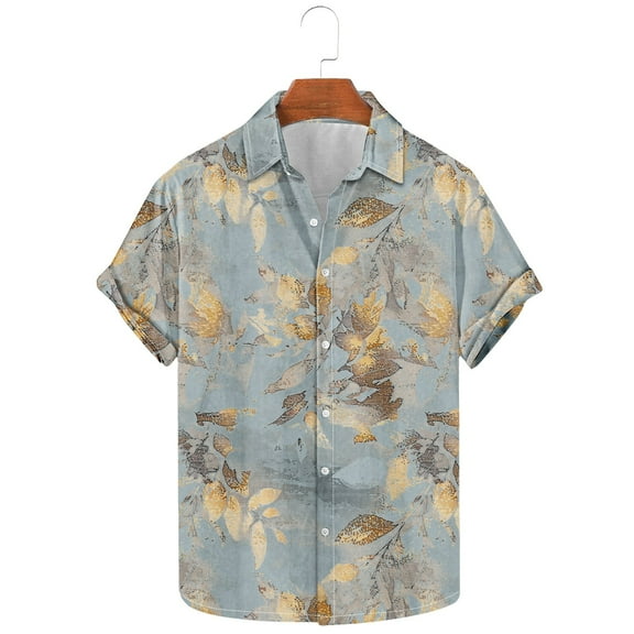 Yanghang Mens Shirts Mens T-Shirts Men's Fashion Casual Leaf Print Short Sleeve Lapel Shirt Top Shirts For Men Tall