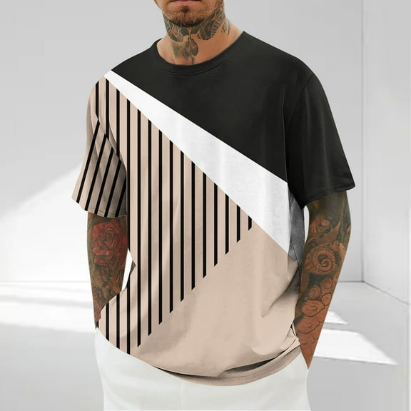 Yanghang Mens Shirts T Shirts For Man Men's Casual Short Sleeved Geometric Printed Round Neck Off Shoulder Top Shirts For Men Tall