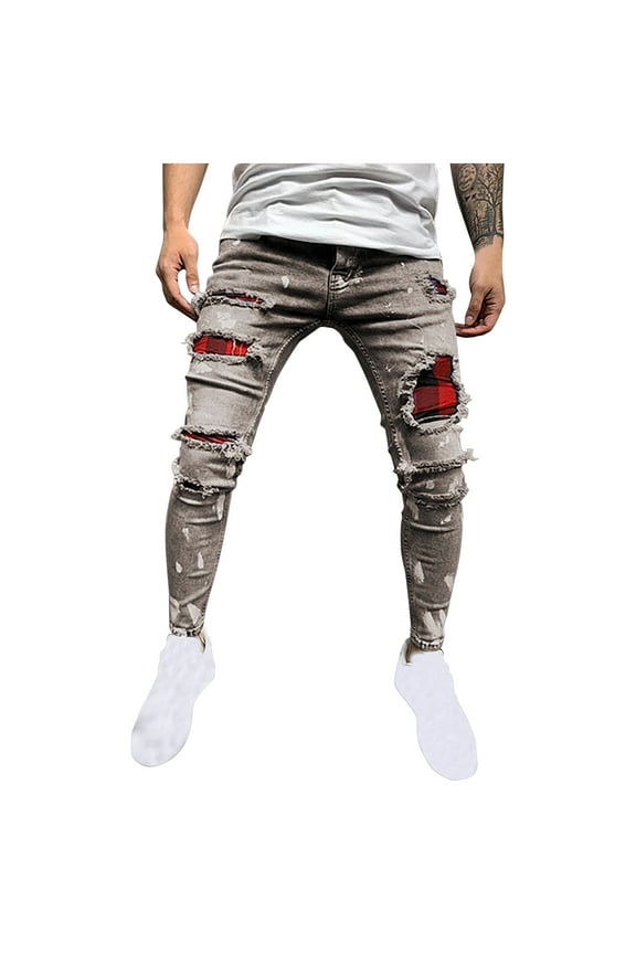 Mens Work Pants Men's Casual Cotton Straight Ripped Hole Trousers Jeans Pants Full Length Pants