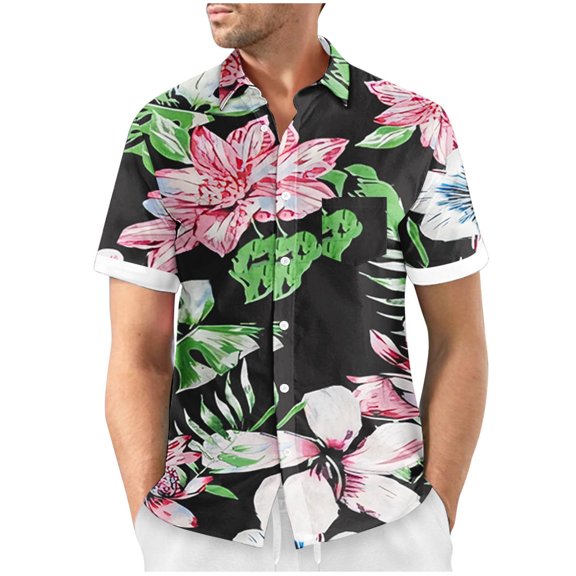 Yanghang Shirts For Men Men'S T-Shirts Men Casual Fashion Turndown Collar Print Short Sleeve Button Shirt Tops Blouse Tops For Men 2024